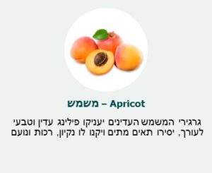 מרכיבים - גרגירי משמש - גרגירי המשמש העדינים יעניקו פילינג עדין וטבעי לעור, יסירו תאים מתים ויקנו לו נקיון רכות ונועם.