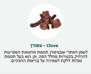 ציפורן (Clove) - לשמן האתרי שבציפורן תכונות מחטאות המסייעות להרחיק בקטריות מחלל הפה, וכן הוא בעל תכונות נוגדות דלקת לשמירה על בריאות החניכיים. 